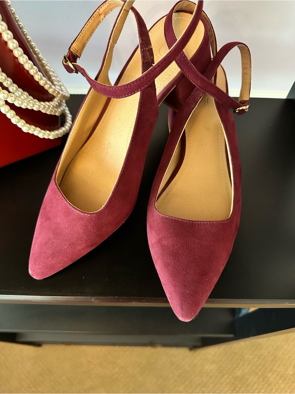 Loft Women's Pointed Toe Ankle Strap Pumps - Burgundy faux suede